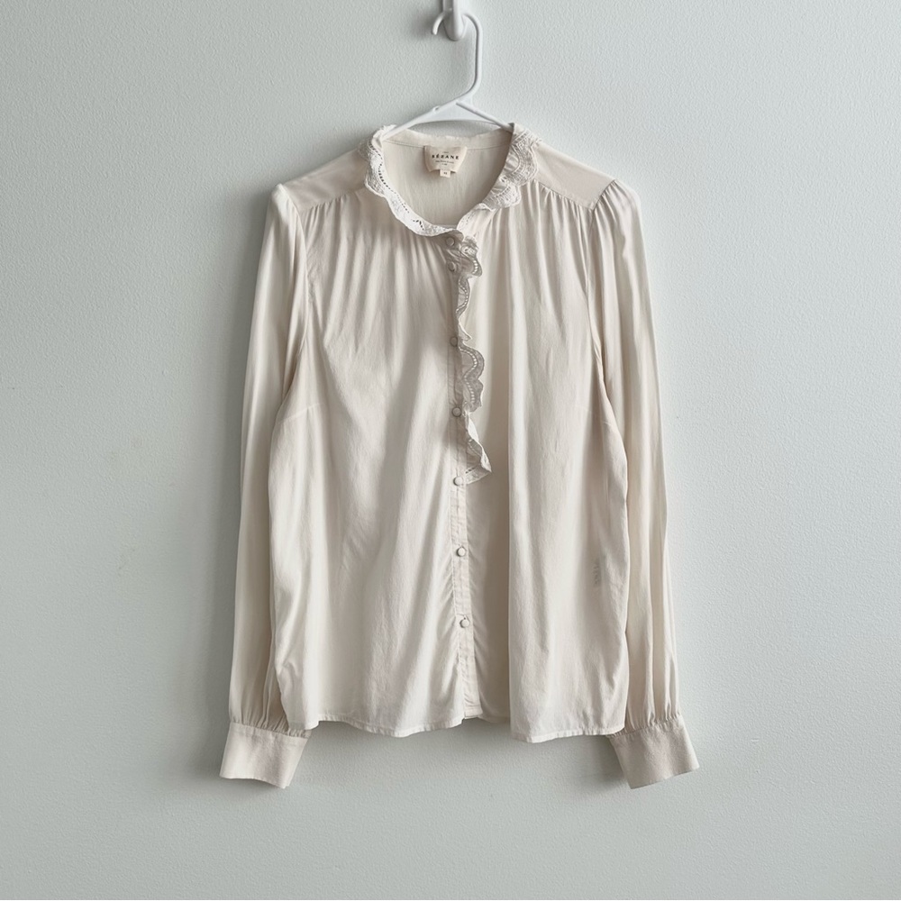 Sézane Chlo Ecru Silk Lace Trim Ruffle Collar Long Sleeve Blouse Size 42 - Picture 2 of 8